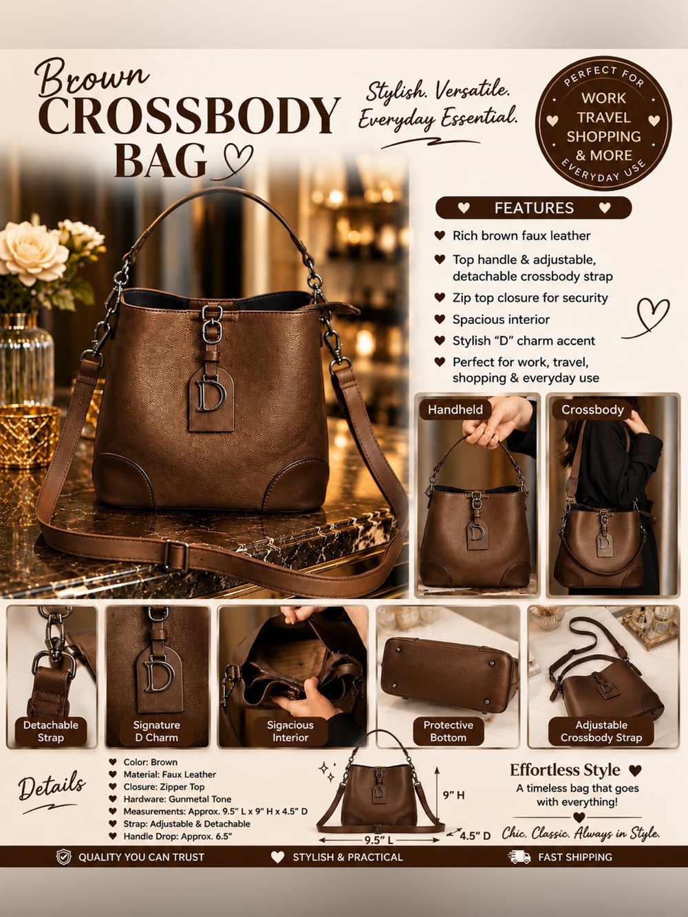 Crossbody Shoulder Bag Adjustable Detachable Strap D Charm